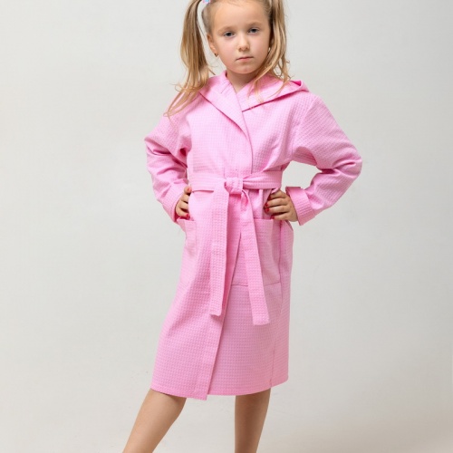 Детский вафельный халат с капюшоном (Светло-розовый)